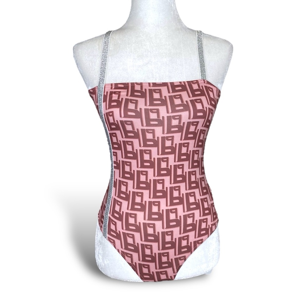 Straight Neck Pink Monogram Logo Sleeveless Better Be Bling Strap Bodysuit